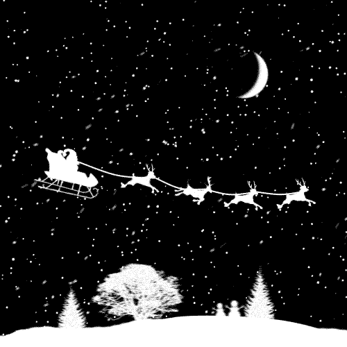 Санта в оленьей упряжке летит в черно-белой гифке