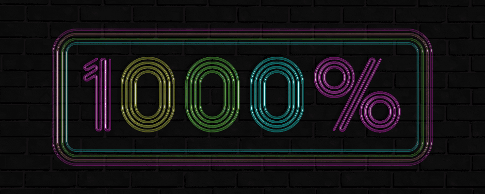 A multicolored, flashing image that resembles a neon sign and says "1000%" with a black background