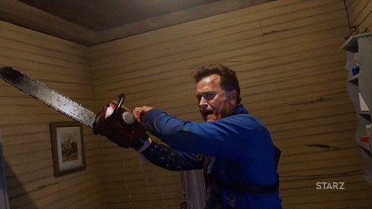 On this animated GIF: chainsaw bruce campbell fight Dimensions: 540x304 px ...