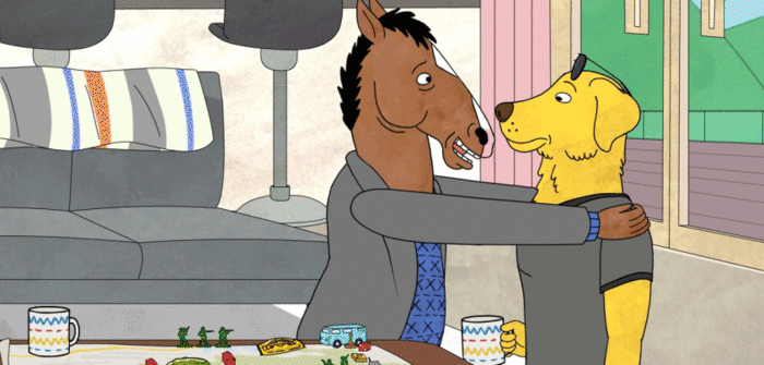 На этой анимированной гифке: конь боджек, mr peanutbutter, прозрел