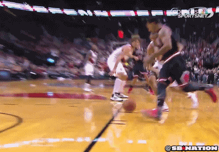 Derrick Rose (Chicago Bulls #1) suffers a medial meniscus injury to his right knee. Note how the knee is flexed and twisted then wobbles before he moves on. 