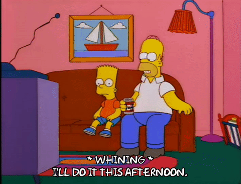 A GIF of Bart and Homer Simpson sitting on the couch in front of the TV. Homer drinks a beer while Bart says 'I'll do it this afternoon.'