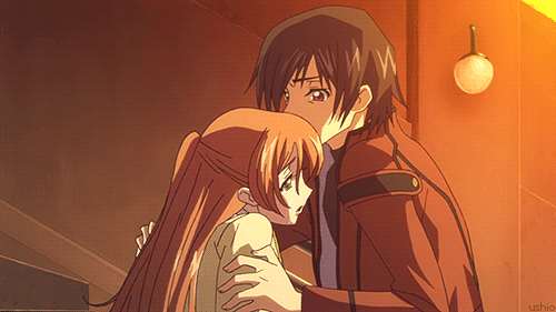 Anime girl hugging boy gif