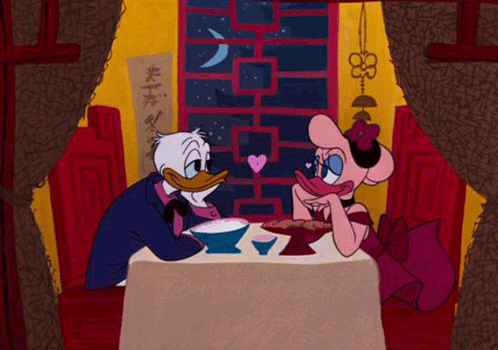 hearts,disney,heart,50s,donald duck,daisy duck,love,couple,romance,restaurant,1954