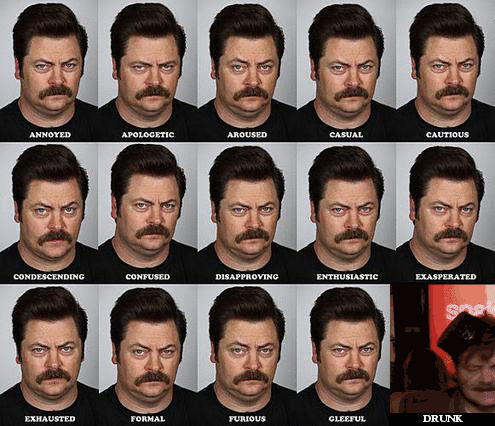 memes,ron swanson,tv,man,drunk,classic,emotions,many faces
