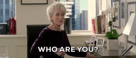 Miranda from The Devil Wears Prada saying, "Who are you?"