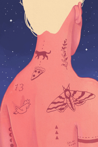 tattoo,horoscope,framebyframe,art,animation,cat,girl,illustration,pizza,woman,star,stars,bird,moon,sky,flying,back,butterfly,wings,moving,podcast,neck,2danimation,tattooed,inari,annasalmi,salmianna,hilla