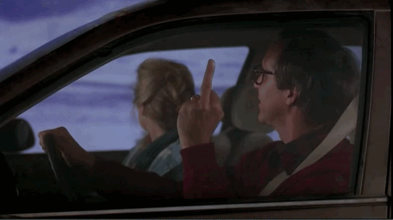 national lampoons vacation,clark griswold,middle finger,chevy chase,ellen griswold