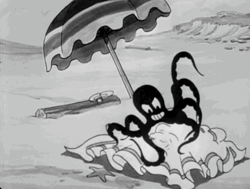 octopus,1930s,animation,black and white,disney,vintage,beach,cartoons,picnic,1931,the beach party