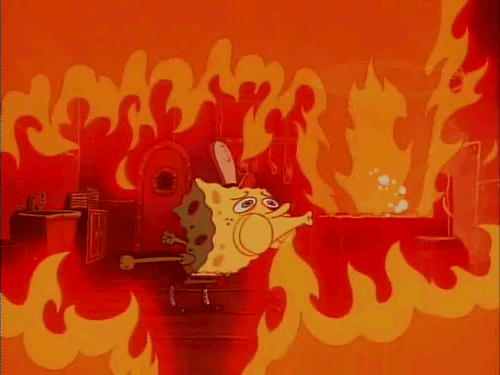 on fire,spongebob squarepants,fire,scared,spongebob,problem,panic,chaos
