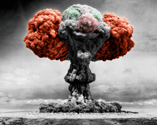 bomb,smoke,black and white,atomic bomb,explosion,psychedelic,pennywise,trippy,drugs,colorful,clown,art design