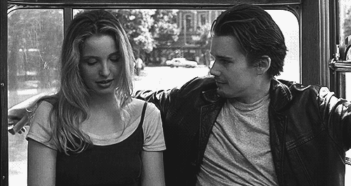 before sunrise,vienna,movie,love,black and white,film,90s,adorable,bw,1990s,romance,aww,bus,1995,ethan hawke,julie delpy,romantic film