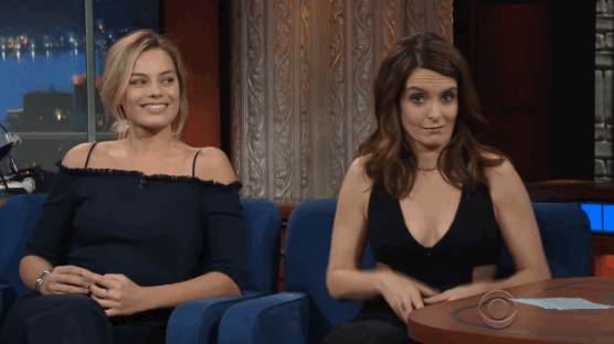 Animated GIF: tina fey boobs the late show with stephen colbert.