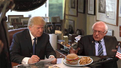 french fries,stealing,bernie sanders,hamburger,scared,donald trump,attempt,steal