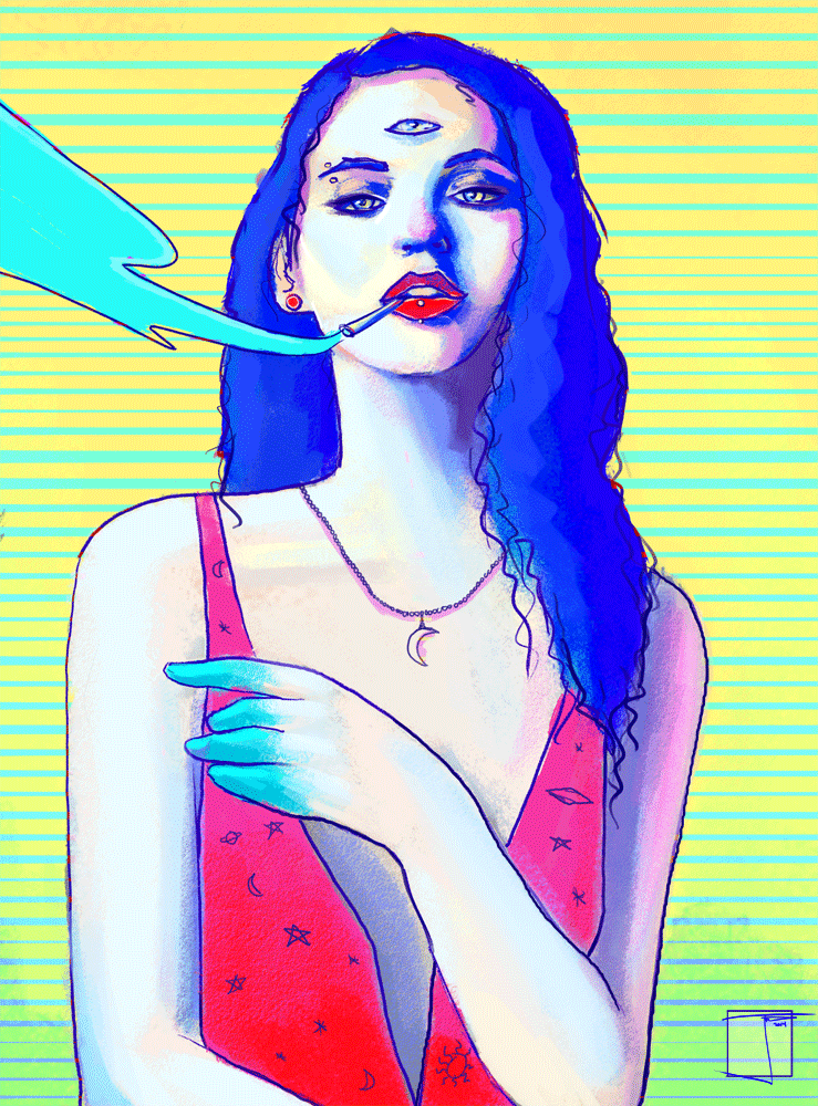 phazed,trippy,plur,beautiful,lady,class,get high,trip,blue hair,digital art,lsd,third eye,trippy visuals,artists on tumblr,psychedelic,beauty,colorful,acid,rave,stoned,psychedelia,classy,superphazed,dmt