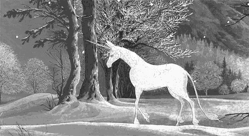 lonely,unicorn,snow falling,alone,the last unicorn,movie,black and white,film,sad,snow,winter,depressed,the last unicorn film