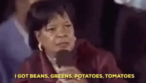 shirley caesar,thanksgiving,potatoes,tomatoes,greens,you name it,bean