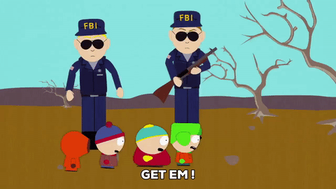 eric cartman,stan marsh,kyle broflovski,scared,kenny mccormick,gun,chase,fbi