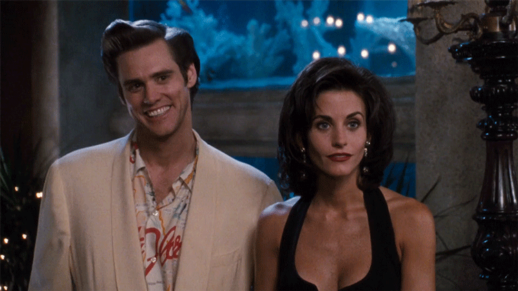 hahaha,i see what you did there,courteney cox,ace ventura,pointing,courtney cox,laughing,finger guns