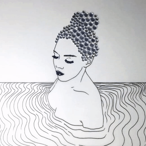 xavieralopez,bath,bubbles,wink,hand drawn,water,woman,drawing,paper,portrait,crystal,pen,shampoo,pen and paper,stop motion,bead