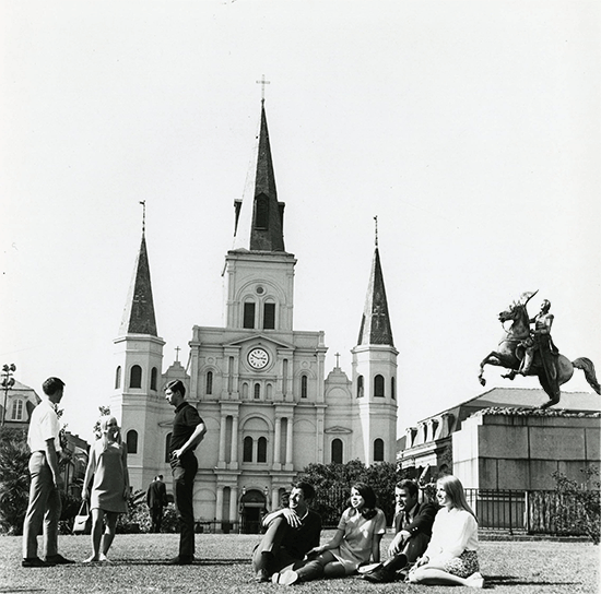 new orleans,black and white,vintage,horse,students,photograph,loyola,jackson square,french quarter,archive