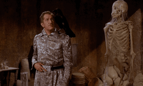 vincent price,skeleton,film,vintage,halloween,spooky,1963,the raven