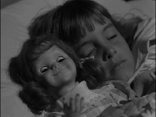 twilight zone,talky tina,black and white,creepy,scary,doll