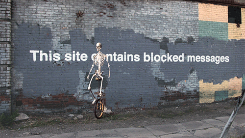 banksy,art,halloween,wtf,internet,computer,web,skeleton,unicycle,this site contains blocked messages,banksyny