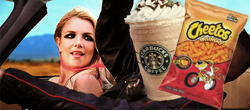 britney spears,eating,hungry,driving,starbucks,cheetos