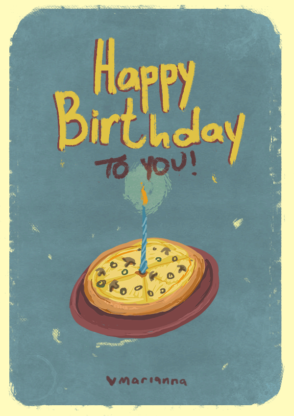 happy birthday,pizza,birthday card,birthday cake,illusration