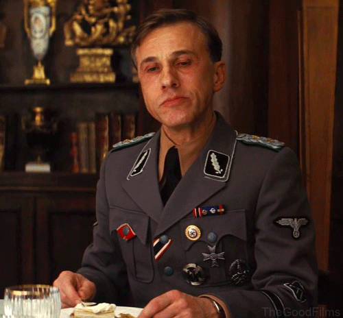 christoph waltz,inglourious basterds,quentin tarantino,movie,cinemagraph,eating,thegoodfilms,chewing