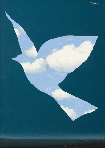 art,bird,clouds,magritte,peace,cloudy,fly,promise,cloud,freedom,pigeon,konczakowski,rene magritte,the promise