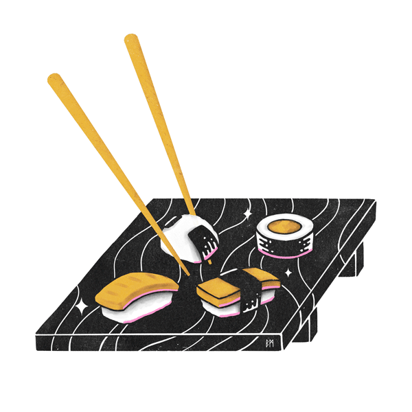 food,space,illustration,japan,fish,galaxy,universe,japanese,yum,sushi,rice,chopsticks,benmarriott,galactic