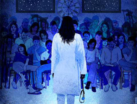 doctor,doctors office,stethoscope,doctors,trippy,pain,illustration,injury,person,digital painting,animation,art,sad,cartoon,artist,woman,drawing,winter,confused,magic,acid,portrait,uk,buzzfeed,thinking