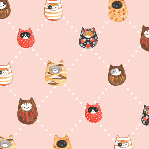 daruma,doll,cute,cats,japan,pattern,watercolour,jessthechen