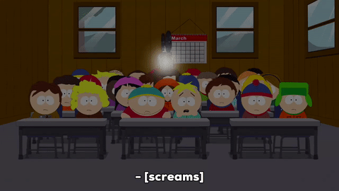 eric cartman,stan marsh,scared,kenny mccormick,butters stotch,screaming,wendy testaburger,token black,projector,classroom desks