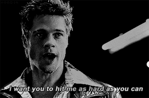 black and white,brad pitt,fight club,actor,i want you to hit me as hard as you can,movies,quote,quotation