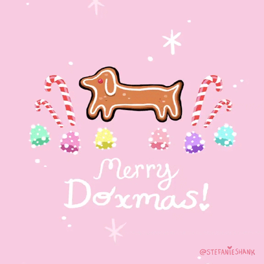 dachshund,stefanie shank,merry christmas,dog,doxie,gingerbread,animation,loop,illustration,kawaii,pink,puppy,candy,pastel,happy holidays,pup,candy cane,stef shank,but no pls stay youre really great at being creepy