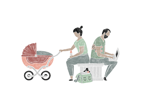 illustration,parents,stroller,gender pay gap,baby,mom,dad,new york times,nyt,thoka maer,thokamaer