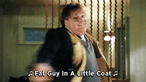 Fat guy in a little coat gif