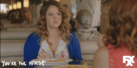 slap,kether donohue,food,what,stop,gretchen,rude,excuse me,nachos,lindsay,aya cash,youre the worst
