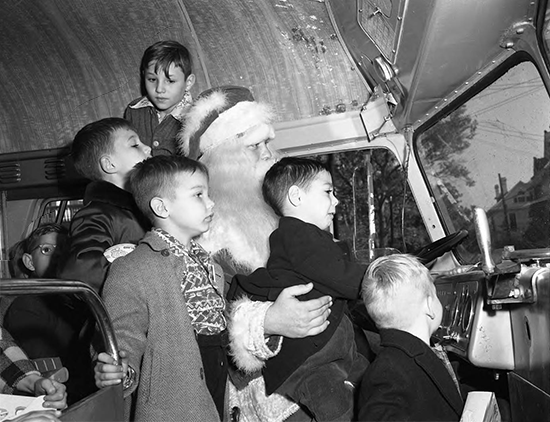 santa,black and white,christmas,vintage,kids,children,bus,new orleans,loyola,archive,photograph