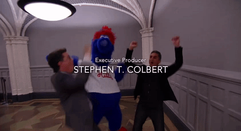 dance,happy,stephen colbert,credits,hillary,dnc,colbert,stephen,philadelphia,the late show with stephen colbert,democrats,philly,convention,jamming,bassem youssef,philly phanatic,the glove didnt fit