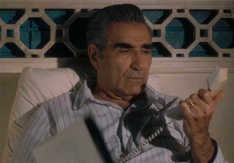 schitts creek,schittscreek,phone call,funny,comedy,phone,humour,cbc,canadian,eugene levy,johnny rose,jims dad,hung up