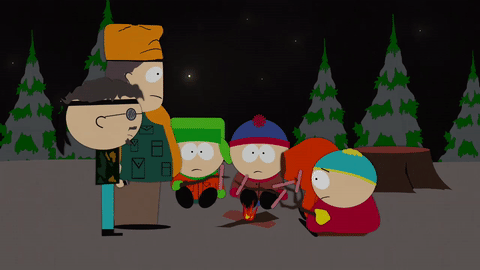 ned gerblansky,fire,eric cartman,stan marsh,kyle broflovski,kenny mccormick,wood,camping,campfire,jimbo kern