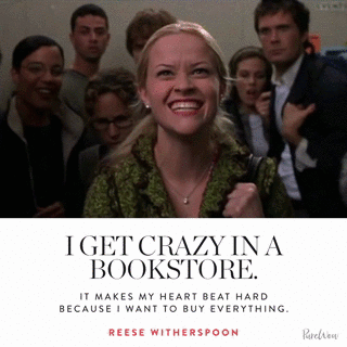 bookstore,happy,excited,crazy,books,reese witherspoon