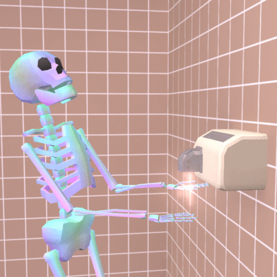 john karel,hand dryer,skeleton,artist,bathroom