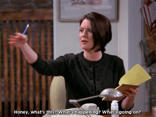 megan mullally,karen walker,whats happening,whats going on,questioning,suspicious,will grace,coworker,monday morning,cheerful,willgrace,something isnt right here,whats this