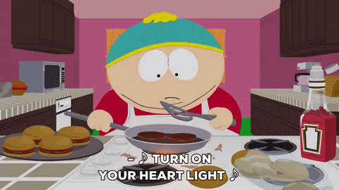 eric cartman,singing,cooking,burgers,frying pan