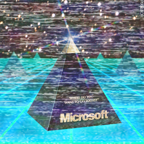 microsoft,vhs,pyramid,vaporwave,glitch art,glow,grid,pixel8or